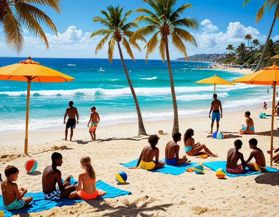 A vibrant beach scene featuring diverse people in stylish swimwear, basking in the sun, building sandcastles, and playing beach volleyball. The background shows turquoise waves gently rolling in, palm trees swaying, and colorful beach umbrellas. Include playful elements like beach balls and flip-flops scattered around. Emphasize a sense of fun, relaxation, and summer vibes. super-realistic. vibrant colors. sunny atmosphere.