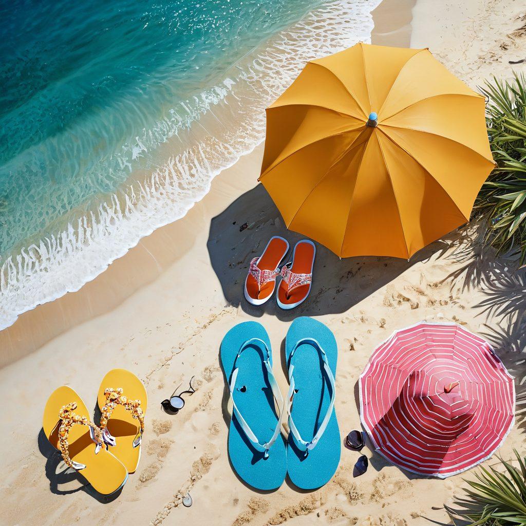 A vibrant beach scene showcasing a variety of beachwear essentials, featuring floral print swimsuits, colorful solid bikinis, and stylish cover-ups. Include beach accessories like sun hats, sunglasses, and flip-flops, all set against a clear blue ocean and bright sun. The sand should sparkle under the sunlight, adding to the summer vibe. Include a beach umbrella providing shade, and a playful beach ball nearby. super-realistic. vibrant colors. sunny background.